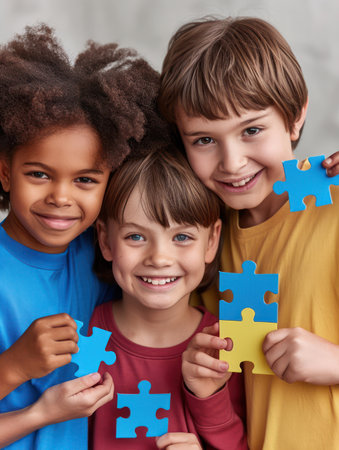 A diverse group of people, young and old, stand united, each holding a puzzle piece symbol  The image evokes a sense of autism awareness, unity, and support, highlighting the importance of embracing inclusivity and understanding for neurodiversity AI Generativeの素材