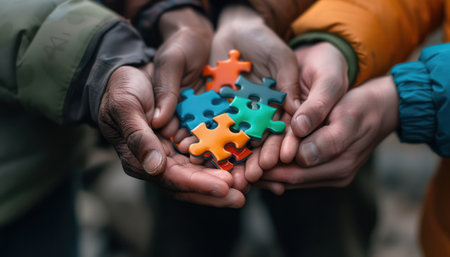 A diverse group of hands holds puzzle pieces, symbolizing unity and support on World Autism Awareness Day The image celebrates diversity and promotes understanding through community actions and shared goals, inspiring inclusion for those with autism AI Generativeの素材