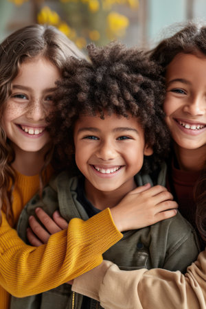 A heartwarming image showcasing the power of friendship and inclusion Friends embrace a child with autism, radiating warmth and support Their genuine smiles and joyful connection promote understanding and compassion, highlighting the importance of embracing neurodiversity A powerful visual message for Autism Awareness AI Generativeの素材