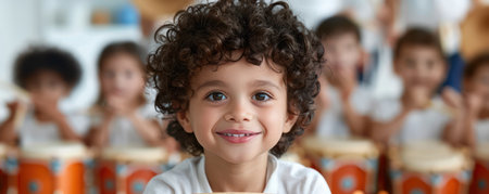 A young child with autism radiates joy as they engage in a vibrant music class  The warm, inclusive environment encourages participation and fosters creativity  With the gentle guidance of a caring teacher, the child explores their musical talents, finding confidence and belonging in this nurturing space AI Generativeの素材