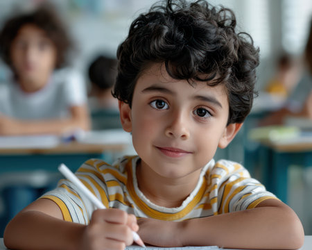 A young student with autism thrives in a supportive school environment Inclusive learning strategies and community involvement foster academic and social growth, enabling him to excel academically  This photo captures the joy and success of a child thriving in an inclusive learning setting AI Generativeの素材