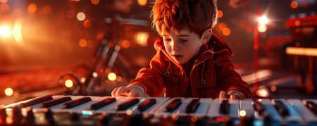 A young child with autism beams with joy, their fingers dancing across the piano keys in a high-resolution, photorealistic image Surrounded by colorful instruments and supportive classmates, they lose themselves in the music, demonstrating their unique talents and experiencing pure, engaging joy in a special needs music class AI Generativeの素材