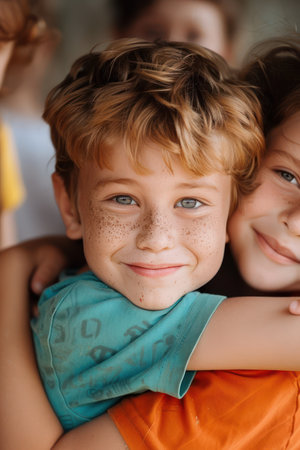 A heartwarming image capturing the essence of inclusion and friendship Friends embrace a child with autism, sharing a joyful moment and demonstrating unwavering support This photo celebrates the special bonds we can create, fostering understanding and acceptance within our communities AI Generativeの素材