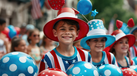 A vibrant community parade brimming with patriotic spirit! Witness dazzling floats, colorful displays, marching bands, and family-friendly fun Enjoy delicious food, exciting entertainment, and a celebration of community pride AI Generativeの素材