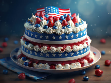 A stunning American flag cake, perfect for patriotic celebrations! This red, white, and blue masterpiece features intricate details, making it a show-stopping centerpiece Celebrate Independence Day, Memorial Day, or any patriotic occasion with this delicious and visually captivating dessert AI Generativeの素材