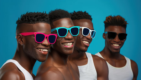 A vibrant group of friends, united in their patriotic spirit, celebrate togetherness with joyful smiles and colorful shades Their fun and festive mood is captured in this image, perfect for summer celebrations, gatherings, and showcasing national pride AI Generativeの素材