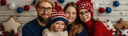 A joyful family decked out in vibrant red, white, and blue attire poses for a celebratory photo Perfect for holiday cards, Fourth of July photoshoots, patriotic celebrations, or simply a heartwarming family portrait Their smiles radiate joy and unity, capturing the essence of American pride and family togetherness AI Generativeの素材