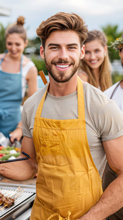 A joyous family gathers on a rooftop, their laughter mingling with the sizzle of a barbecue  The cityscape panorama stretches out behind them, a breathtaking backdrop for this festive celebration  Grilled delights fill the air, creating memories that will last a lifetime AI Generativeの素材