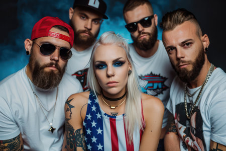 A group of friends proudly display temporary American flag tattoos, celebrating patriotism with fun and festive style Perfect for parties, Independence Day, and any occasion, these tattoos are a stylish way to show national pride  A fun and easy way to add a touch of Americana to your celebrations AI Generativeの素材