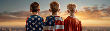 A group of children, clad in American flag capes, embrace their inner superheroes Laughter and playful action fill the air as they engage in imaginative outdoor play, celebrating Independence Day with patriotic spirit Family time and American pride shine through in this joyous scene AI Generativeの素材