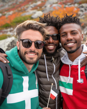 Capture the essence of friendship and adventure with group photos featuring flags from around the world Celebrate diversity, create lasting memories, and cherish your travels with these vibrant and meaningful images Perfect for showcasing global connections and the joy of shared experiences AI Generativeの素材