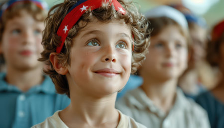 Capture the spirit of national pride with heartwarming images of children celebrating These joyful youngsters, adorned with patriotic headbands and festive accessories, exude pure delight as they revel in joyous celebrations Vibrant colors and infectious smiles create a beautiful tribute to national unity AI Generativeの素材