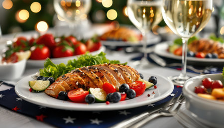 A vibrant patriotic table setting bursts with red, white, and blue Stars and stripes adorn the tablecloth and napkins, while delicious food fills the center Perfect for celebrating Independence Day, Memorial Day, or any patriotic gathering, this festive scene evokes a sense of unity and joy AI Generativeの素材