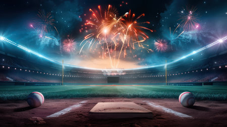 A vibrant stadium erupts in cheers as dazzling fireworks light up the night sky Athletes celebrate their victory amidst the pyrotechnic spectacle, creating a thrilling atmosphere of joy, unity, and shared triumph The energy is palpable, a perfect blend of cheers, lights, and excitement AI Generativeの素材