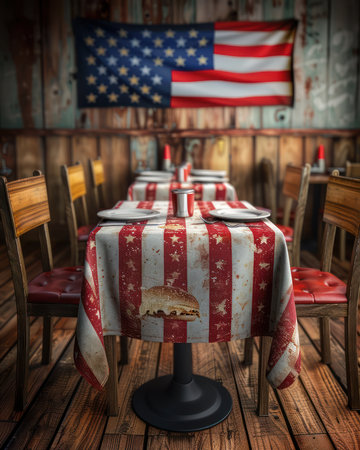 A patriotic table runner, adorned with red, white, and blue accents, sets the perfect scene for a festive celebration From July 4th barbecues to Memorial Day gatherings and Veterans Day honors, this runner adds a touch of Americana and creates a warm, welcoming atmosphere for your special occasion AI Generativeの素材