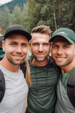 A group of friends capture a joyous moment, their smiles radiating happiness as they create lasting memories together  Their shared laughter and genuine connection are palpable, signifying the strength of their bond and the joy of their shared adventures  This photograph encapsulates the essence of cherished friendships and unforgettable times AI Generativeの素材