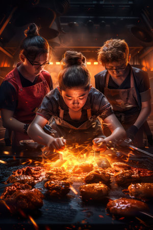 A vibrant group of friends compete in a fun-filled cooking competition  They unleash their culinary creativity, whipping up delicious dishes amidst friendly rivalry  Laughter, camaraderie, and the joy of cooking fill the air as they strive for the ultimate culinary showdown AI Generativeの素材
