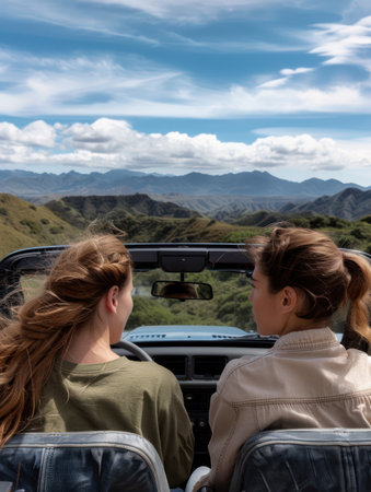 Embrace the open road with friends! Capture breathtaking landscapes, unforgettable moments, and pure joy as you embark on a scenic drive  From winding roads to stunning vistas, these images encapsulate the ultimate travel experience, creating lasting memories AI Generativeの素材