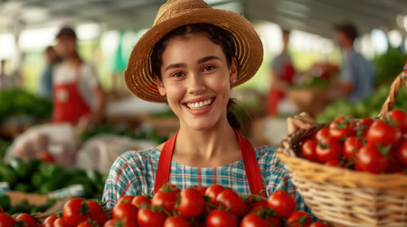 Friends gather at a vibrant farmers market, browsing colorful displays of fresh produce They share laughter, discover local goods, and savor the flavor of organic ingredients, making healthy choices together A fun and fulfilling shared activity! AI Generativeの素材