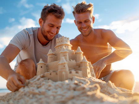 A group of friends, laughing and collaborating, build a magnificent sandcastle on a sun-drenched beach Their playful energy fills the air as they create towers, moats, and bridges, capturing the carefree spirit of summer  This unforgettable day of laughter, bonding, and creativity on the sandy shores is a moment to cherish AI Generativeの素材