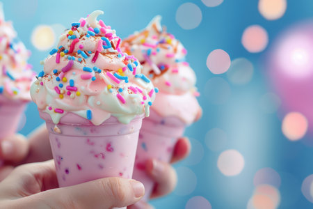 A group of friends gather around a colossal sundae, their faces beaming with joy as they dig in  Laughter and conversation fill the air, as the sweet treat becomes a symbol of their shared happiness  Sprinkles, whipped cream, and colorful cherries add a touch of whimsy to this delightful celebration of friendship AI Generativeの素材