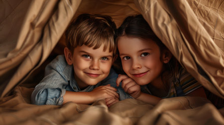 A group of friends huddle inside a cozy blanket fort, their laughter echoing through the room They&#39;re lost in a world of their own creation, building, playing, and sharing memories This nostalgic scene captures the joy and creativity of childhood, where imagination knows no bounds AI Generativeの素材