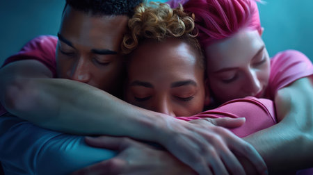 A heartwarming group hug captures the essence of true friendship  Friends radiate love and support, their arms intertwined in a symbol of unity, strength, and compassion  Their shared embrace speaks volumes about their emotional connection, teamwork, and unwavering happiness This uplifting image exudes positivity and the power of friendship AI Generativeの素材