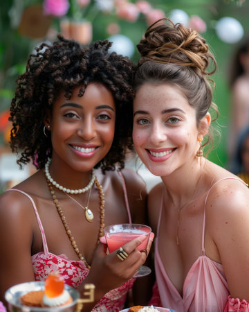 Capture the essence of cherished friendship with this evocative image Elegant teacups and laughter fill the air as friends gather for a relaxed and joyous occasion Timeless moments of connection and shared joy, beautifully captured in a setting that exudes grace and sophistication AI Generativeの素材