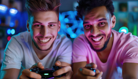 Friends gather around, controllers in hand, their faces lit by the glow of the screen Laughter and friendly banter fill the air as they compete in a thrilling video game, their shared passion forging a deeper connection  This is more than just gaming; it&#39;s a celebration of friendship, fun, and the joy of shared experiences AI Generativeの素材