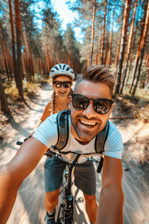 Two friends, beaming with joy, cycle through breathtaking scenery on a perfect day for adventure Their laughter echoes as they explore together, capturing the essence of friendship and active fun This high-resolution photo evokes a sense of freedom and connection amidst stunning natural beauty AI Generativeの素材