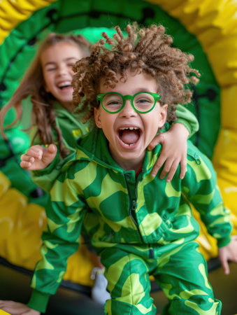 A group of friends laugh and leap high in the air at a trampoline park The energy is infectious as they bounce and tumble, enjoying the exhilarating freedom of a day filled with fun and friendship This vibrant image captures the pure joy of active play in a stimulating environment, perfect for kids and teens alike AI Generativeの素材