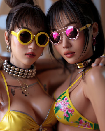 A vibrant celebration of friendship! This image showcases a group of friends radiating joy and unity, clad in matching outfits that exude playful style Their synchronized poses capture the essence of camaraderie and shared happiness, creating a visual testament to the power of friendship AI Generativeの素材