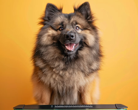 A charming and playful fluffy dog strikes captivating poses against a vibrant orange backdrop, showcasing its adorable features and expressive personality This professional photo shoot captures the dog&#39;s playful spirit and irresistible charm, inviting viewers to share in its joy and exuberance AI Generativeの素材