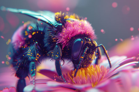 This captivating image captures the essence of springtime, with a fuzzy bumblebee adorned in vibrant pollen, resting upon a delicate pink flower Set within a flourishing garden bursting with colors, this macro photograph showcases the intricate details of the bumblebee and the delicate petals of the flower The vibrant hues of the garden create a vibrant backdrop, highlighting the harmonious coexistence of nature&#39;s beauty and the industriousness of its inhabitants AI Generativeの素材