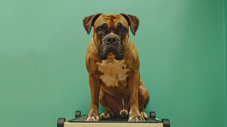 Capture the irresistible charm of this adorable Boxer dog, seated majestically on an elevated platform against a vibrant green backdrop Its playful demeanor and curious expression will melt hearts, making it a perfect choice for animal enthusiasts, pet training resources, and adoption campaigns AI Generativeの素材