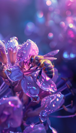 Embrace the serene beauty of nature with this captivating image of a busy bee diligently collecting nectar from a dew-kissed flower The vibrant colors and intricate details capture the essence of tranquility and harmony, inviting viewers to appreciate the simple yet profound wonders of our natural world AI Generativeの素材