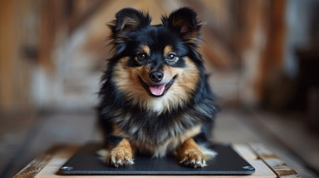 Witness the irresistible charm of an adorable fluffy dog, its soft paws resting gracefully on a modern surface Captured in the cozy confines of a home, the heartwarming moment highlights the dog&#39;s playful expressions, basking amidst the embrace of ambient lighting that exudes a sense of warmth and belonging AI Generativeの素材