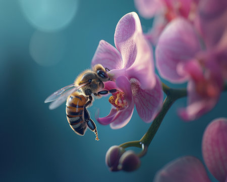 Immerse yourself in the wonders of nature with this captivating macro image A solitary honeybee diligently pollinates a vibrant orchid, its intricate petals painted in hues of nature's palette Bathed in soft natural light, the delicate details of the bee and orchid unfold, while the blurred background evokes a sense of tranquility Witness the harmony of nature's artistry, captured in breathtaking close-up AI Generativeの素材