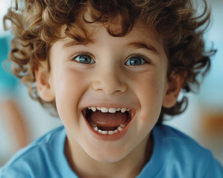 A close-up of a child&#39;s face erupts in pure, unadulterated joy The image captures a candid moment of childhood happiness, showcasing the genuine sparkle in their eyes and infectious smile This high-resolution, photorealistic image is perfect for print or digital use, evoking warmth and nostalgia AI Generativeの素材