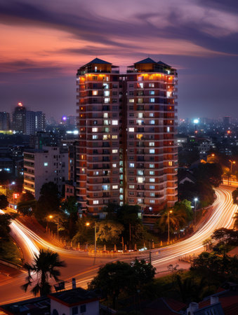 A mesmerizing long exposure photograph captures the vibrant energy of a cityscape at night Light trails from vehicles weave through the urban fabric, creating a mesmerizing symphony of light and movement The city&#39;s dazzling lights and symmetrical architecture create a visually stunning spectacle, inviting you to embrace the dynamic pulse of urban life AI Generativeの素材