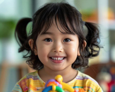 A heartwarming portrait captures the innocence of childhood, as a child beams with joy while playing with their cherished toy This captivating photograph is a testament to the simple pleasures and boundless imagination of youth, making it a perfect choice for projects celebrating childhood memories and the magic of playtime AI Generativeの素材