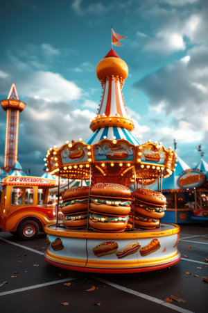 A photographer captures the vibrant energy of a bustling carnival  Twinkling lights illuminate colorful rides and games, as joyful faces light up with excitement  The air buzzes with laughter and the thrill of the moment, creating a scene full of festive magic AI Generativeの素材