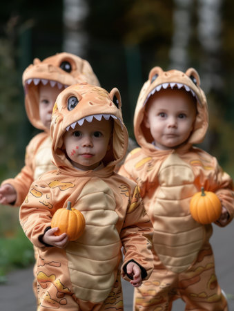 Tiny dinosaurs roam the neighborhood! Adorable children dressed in vibrant dinosaur costumes enjoy a fun-filled Halloween night  From roaring roars to candy-filled buckets, these pint-sized prehistoric pals capture the spirit of Halloween with playful energy and delightful spookiness AI Generativeの素材