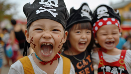 Ahoy mateys! Adorable pirates, complete with eye patches and swashbuckling hats, embark on a sweet adventure on Halloween night  These little buccaneers are trick-or-treating, filling their bags with candy and creating memories that will last a lifetime  Get ready to be charmed by their infectious smiles and playful spirit! AI Generativeの素材