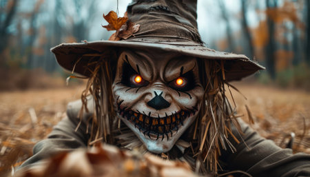A chillingly realistic scarecrow stands guard in a field, its ragged clothes and vacant eyes creating a truly eerie atmosphere Perfect for Halloween displays and haunted houses, this spooky scarecrow is sure to add a touch of creepy charm to any spooky setting AI Generativeの素材