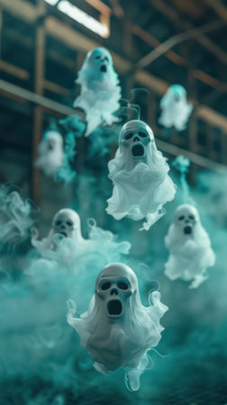 A chilling scene of spectral figures haunting a derelict mansion Ghouls and spirits drift amidst the eerie darkness, creating a terrifying atmosphere Moonlight casts long, ominous shadows, while flickering candles add to the unsettling ambiance This cursed house is a chilling reminder of a haunted nightfall AI Generativeの素材