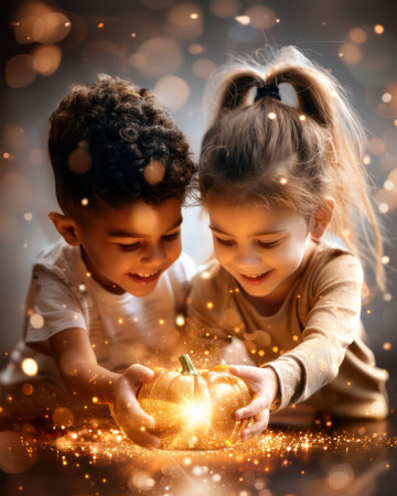 Capture the spirit of Halloween with this image!  A group of kids in adorable costumes laugh and play games amidst spooky decorations, creating an atmosphere of pure fun and festive celebration  The perfect shot for capturing the joy of Halloween memories AI Generativeの素材