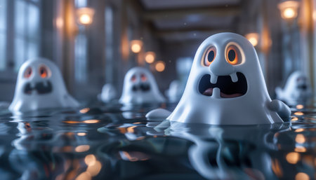 Eerie Halloween scene with ghostly figures floating in a dark, haunted house Spooky spirits cast eerie shadows, creating a haunting atmosphere Perfect for Halloween decorations, this image evokes chills and creepy vibes AI Generativeの素材