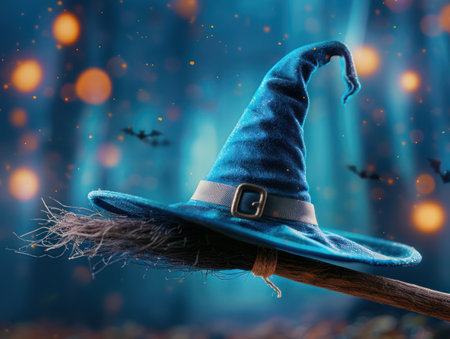 A classic Halloween image featuring a witch&#39;s hat perched atop a broomstick, set against a high-resolution backdrop This spooky yet festive image is ideal for seasonal backgrounds, fright night advertising, and capturing the essence of Halloween  Perfect for creating a chilling and celebratory mood AI Generativeの素材