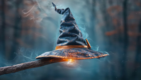 A captivating high-resolution image of a classic witch&#39;s hat perched atop a broomstick, perfect for Halloween decorations and celebrations This image evokes spooky vibes and festive spirit, ideal for adding a touch of magic to your holiday designs AI Generativeの素材